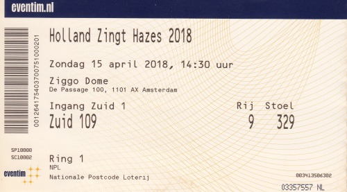 Holland zingt Hazes event ticket#Zuid-9-329 April 15 2018 Amsterdam - Ziggo Dome